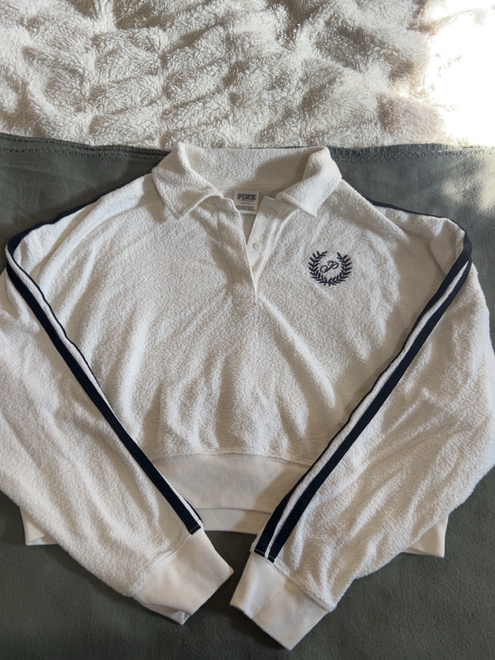 PINK Victoria's Secret White Terry Polo Sweater with Black Trim